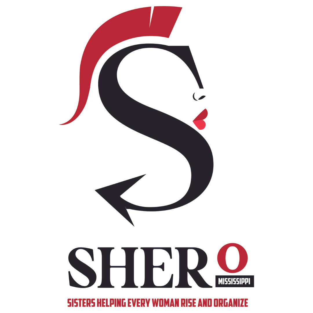 SHERO's logo ( an "S" drawn to look like a face with the words "Sisters Helping Every Woman Rise and Organize")