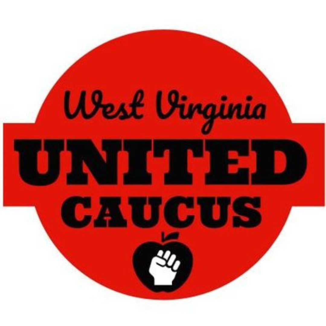 West Virginia United Caucus's logo (a red circle with the organization's name and an apple with a fist in it)