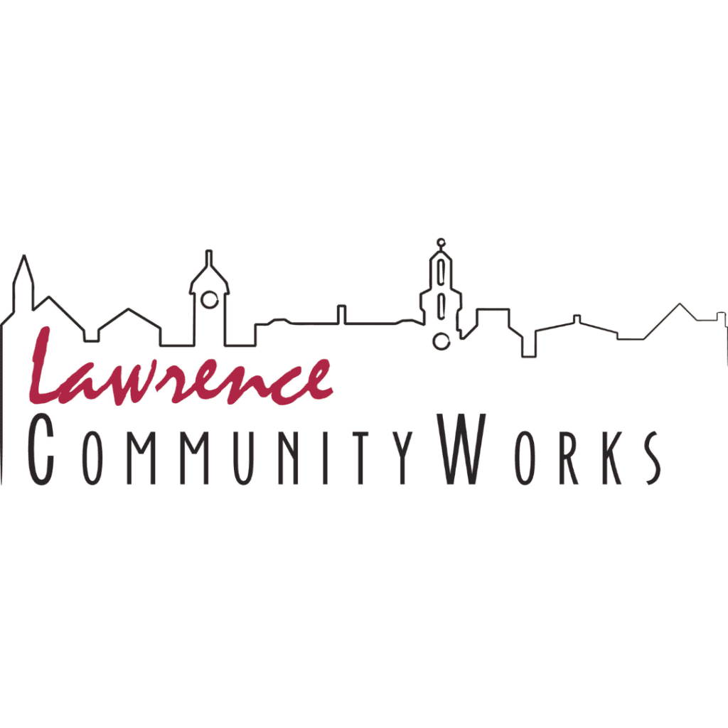a black outline of the Lawrence skyline and the words "Lawrence Community Works"